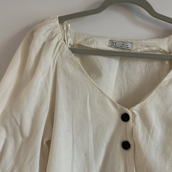 Zara Cream Linen Button Front Puff Sleeve Blouse - Picture 2 of 7
